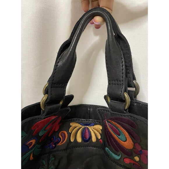 Lucky Brand Abbey Road Black Leather Embroidered Crossbody Tote Purse Bag Boho - Picture 7 of 8